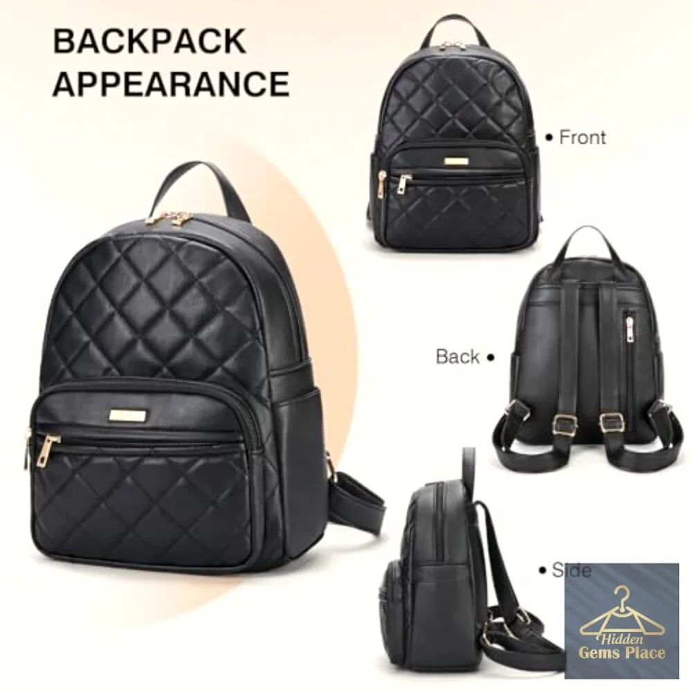 Mini Vegan Leather Backpack with Quilted Design, Adjustable Strap, Multiple